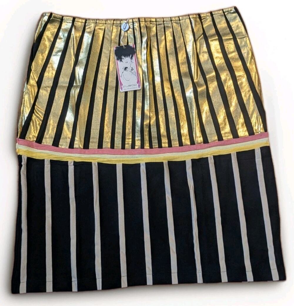 Custo Barcelona NWT Metallic Gold Striped Knee Length Skirt Size 3 Y2K Art Made
